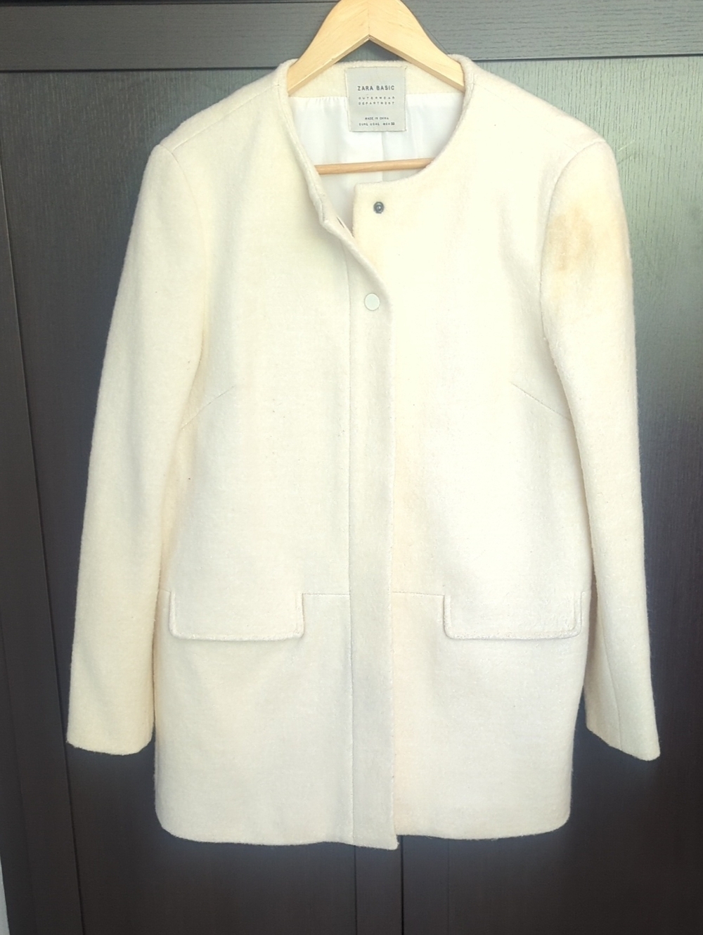 Women's Zara Cream Wool-Blend Pea Coat - Size Large Good Condition - Picture 2 of 6